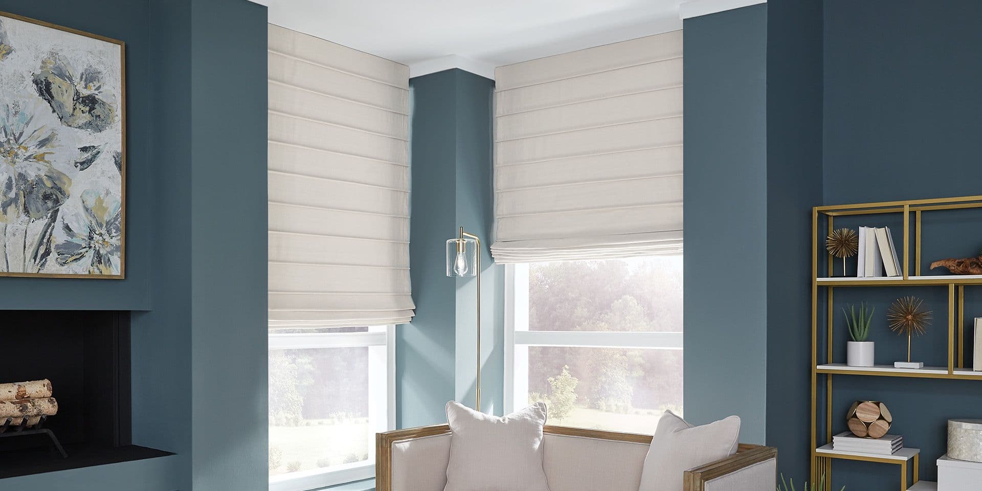 Neutral soft roman shades in a blue living room